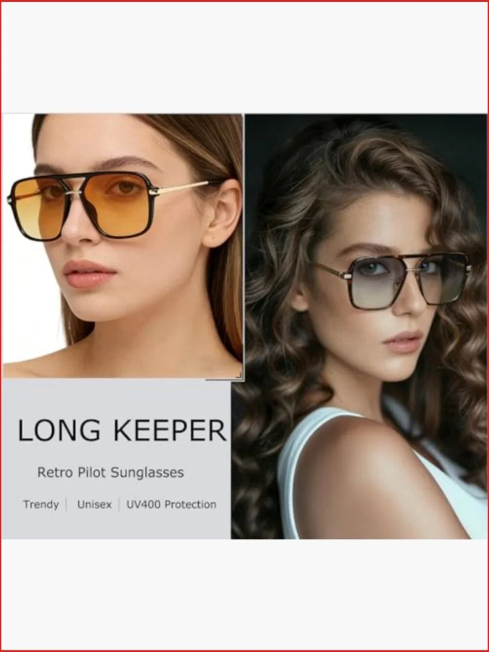 Retro Double Bridge Square Sunglasses UV400 Pilot Style Plastic Frame